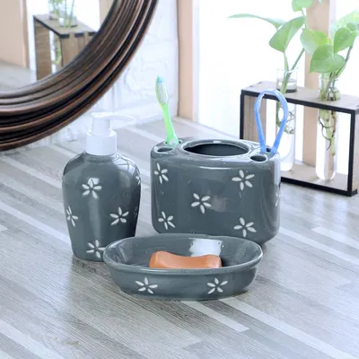 Set Of 3 Floral Printed Premium Ceramic Bathroom Accessories Set