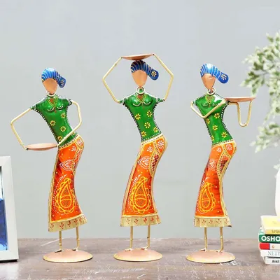 Set of 3 Lady Farmer Antique Motif Metal Figurine / Showpiece