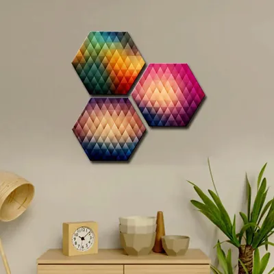 Set of 3 Multi Color Geometric Design Hexagon Shape Canvas Wall Painting