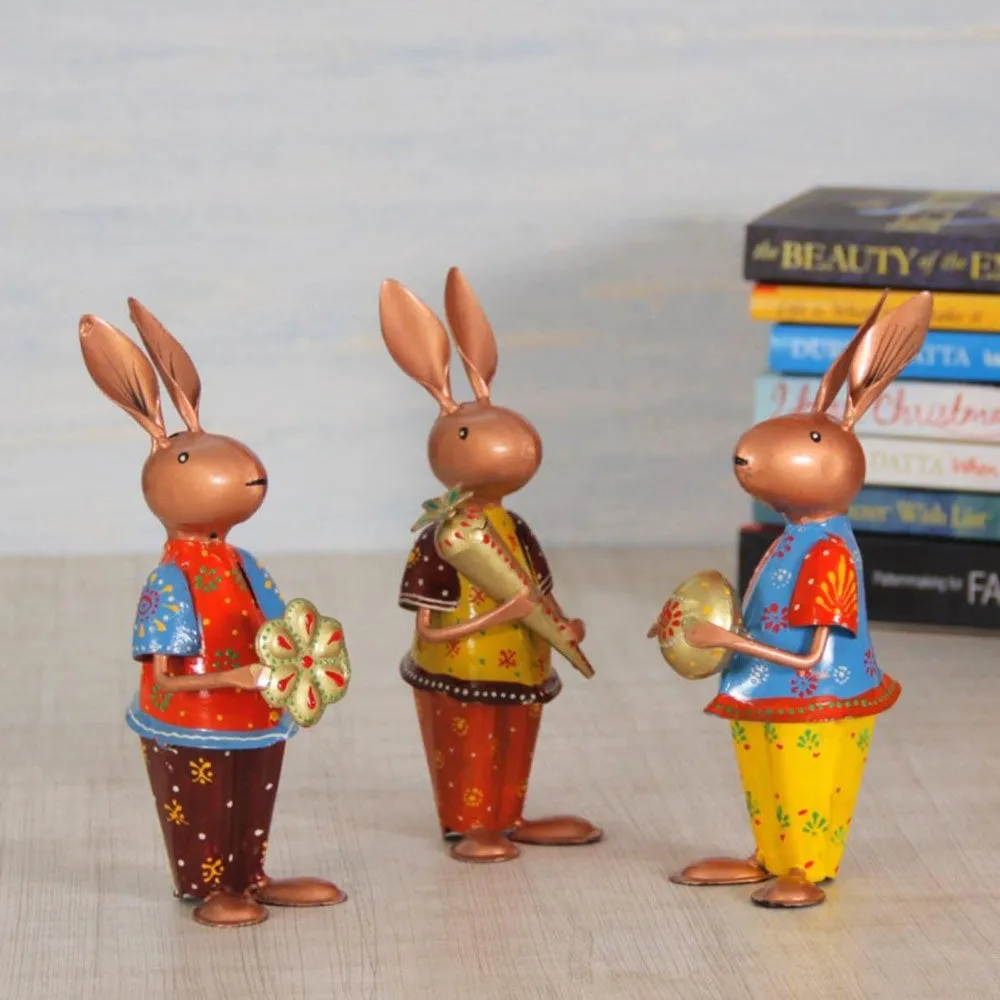 Set of 3 Playing Colorful Rabbits Metal Figurine / Showpiece
