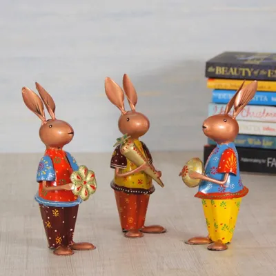Set of 3 Playing Colorful Rabbits Metal Figurine / Showpiece