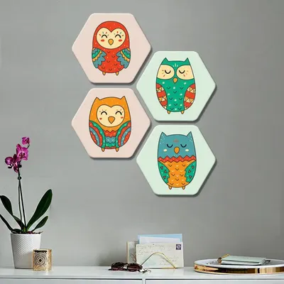Set of 4 Beautiful Multi Color Owl Hexagon Shape Canvas Wall Painting