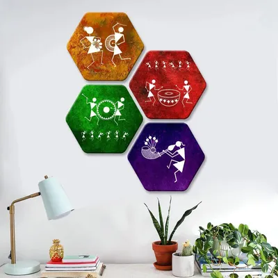 Set of 4 Beautiful Warli Art Hexagon Shape Canvas Wall Painting