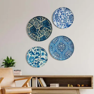 Set of 4 Handcrafted Rajasthani Blue Pottery Wall Decorative Plate Set
