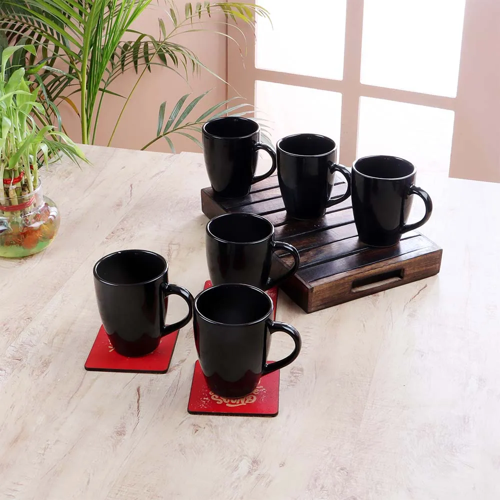Set of 6 Classic Black Solid Colored Tapered Premium Ceramic Coffee Mug Set