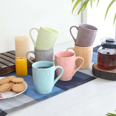 Set of 6 Solid Pastel Colored Textured Premium Ceramic Glossy Mug & Cup Set