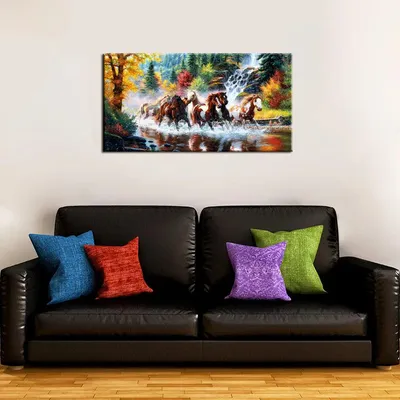 Seven Running Horses in Water Canvas  Big Panoramic Wall Painting