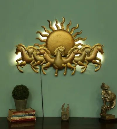 Seven Running Horses & Sun inspired Golden Backlit Metal Wall Art (Medium)