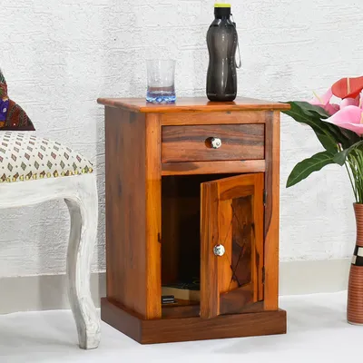 Sheesham Wood Single Drawer Yellow Brown Bedside Table
