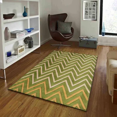 Shevron Patterned Green & Beige Tufted Area Carpet