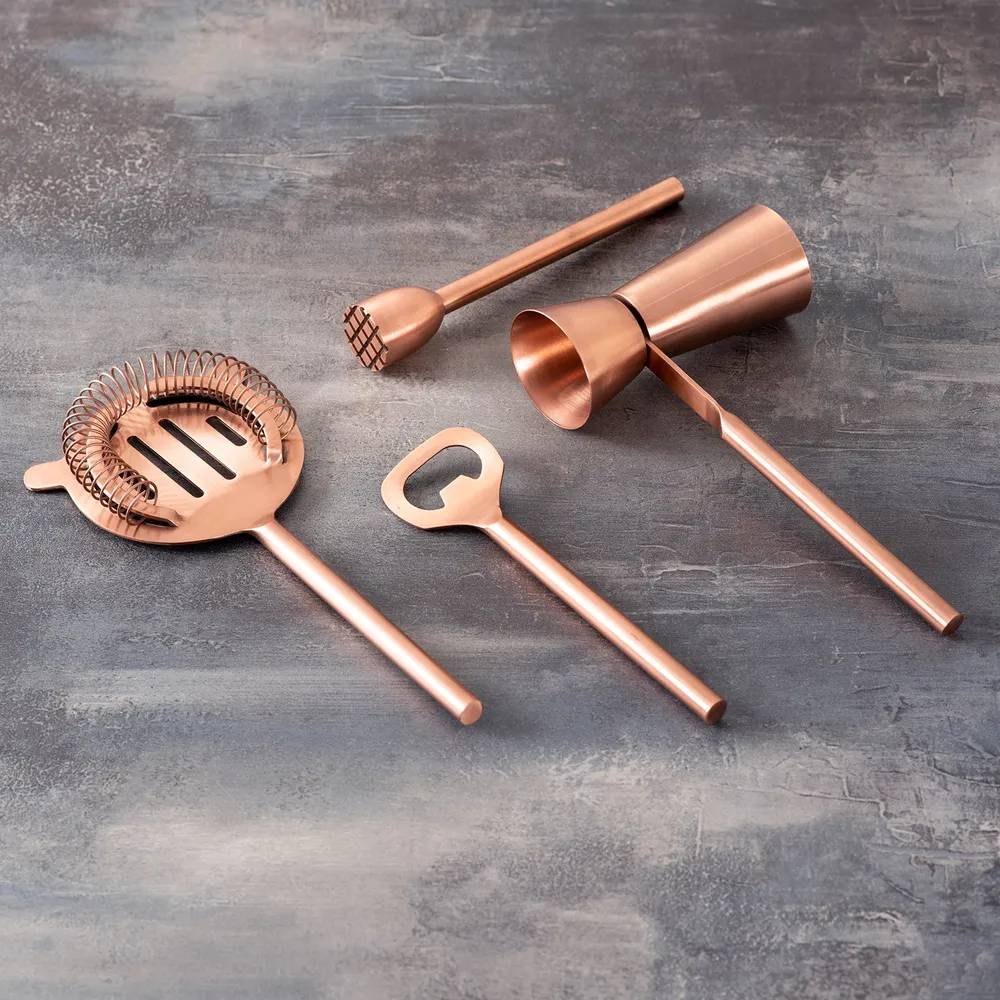 Shiny Copper Finish Stainless Steel Bar Tool Set Of 4