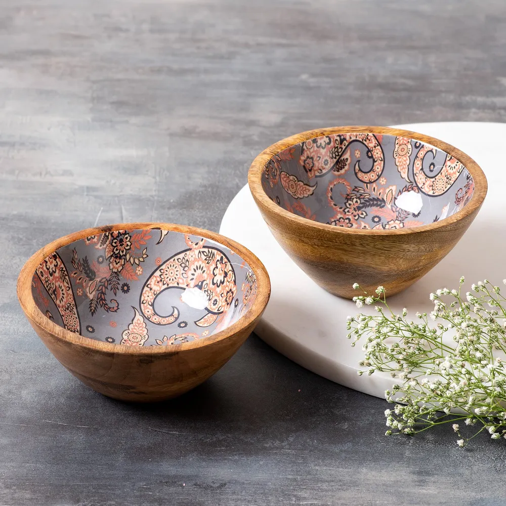 Shiny Grey Enamel Print Wood Serving Bowl Set Of 2