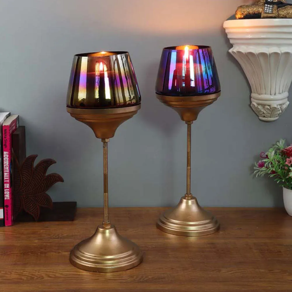 Shiny Rainbow Wine Glass Motif Metal Tea Light Candle Holders Set Of 3