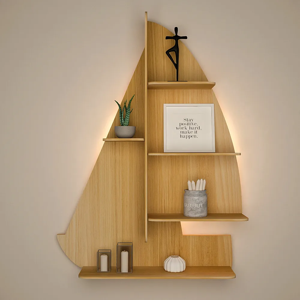Ship Backlit Wood Wall Shelf / Book Shelf / Night Light, Oak Finish