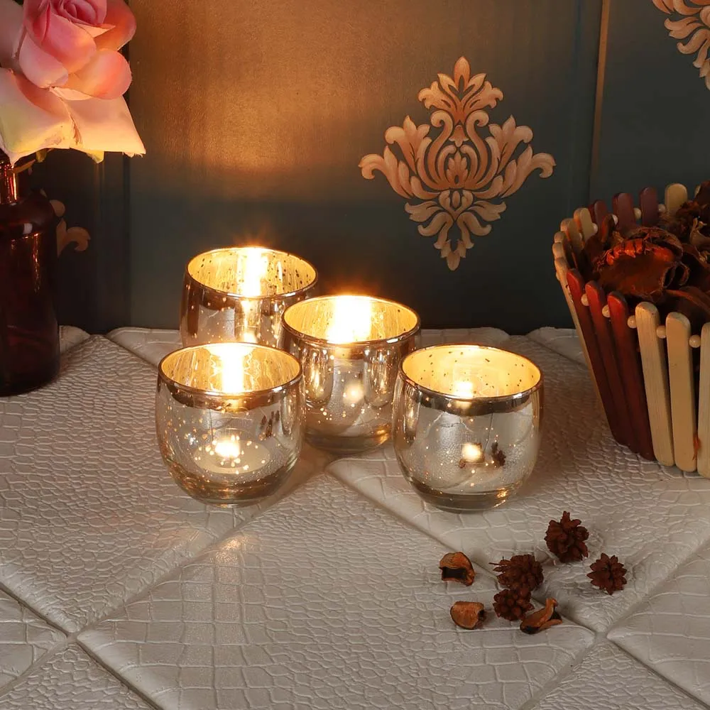 Silver Crafted Big Glass Tea Light Candle Holders Set of 4