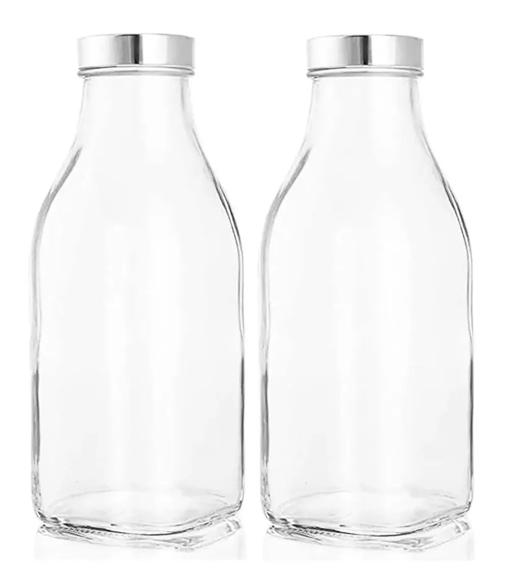 Silver Lid Square Airtight Glass Bottle Set Of 2 (500 ml)