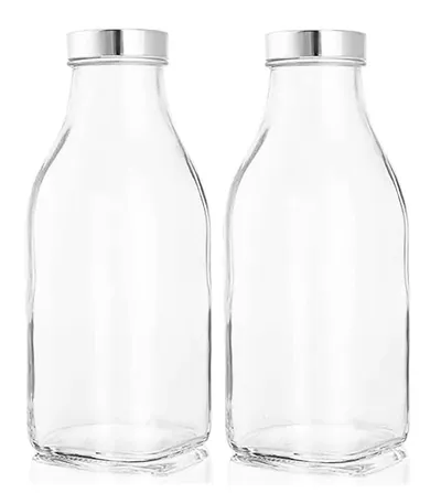 Silver Lid Square Airtight Glass Bottle Set Of 2 (500 ml)
