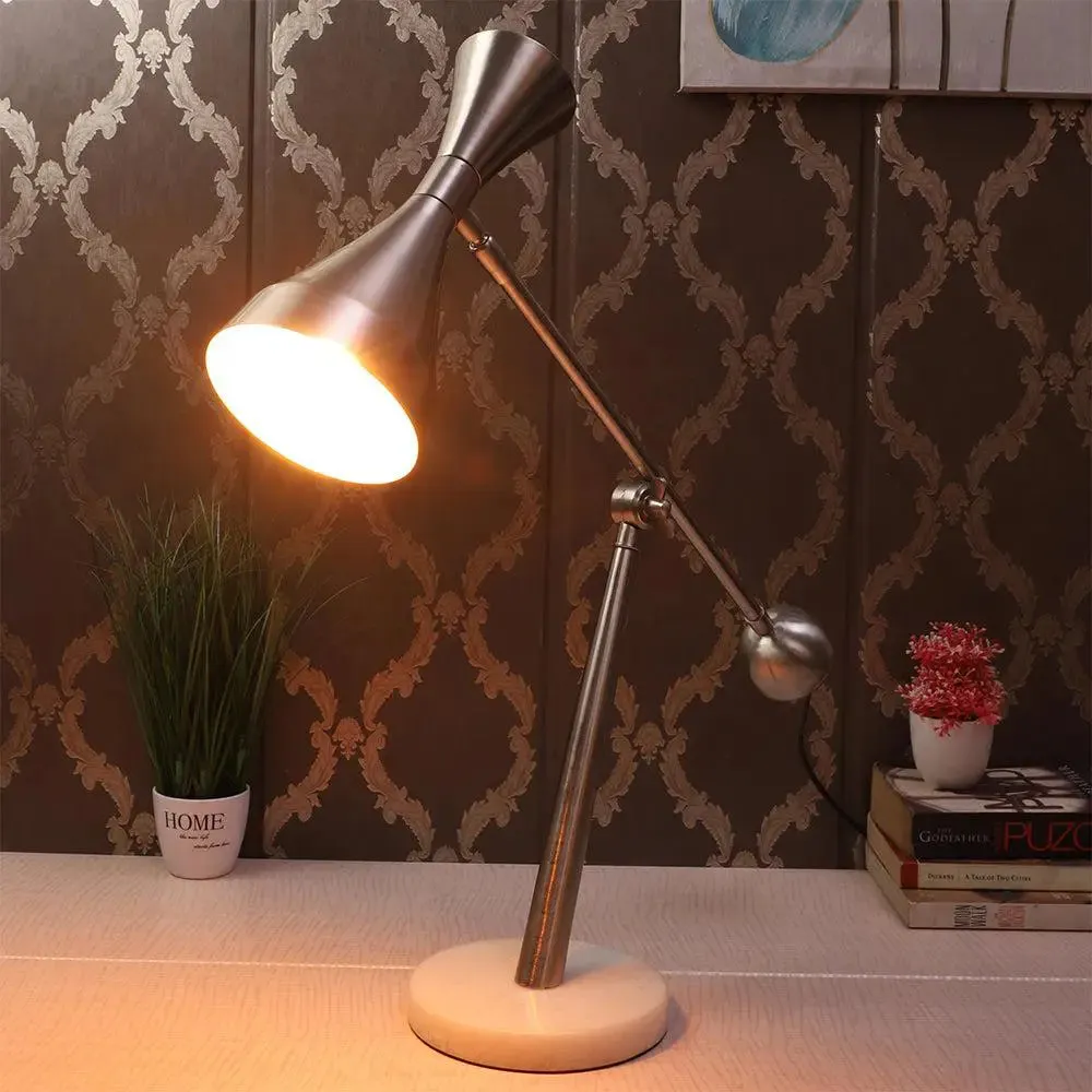 Silver & White Modern Aluminium Study Lamp With Marble Base