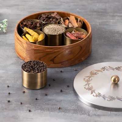 Silver Wood Stainless Steel Jars & Lid Masala/ Spice Box