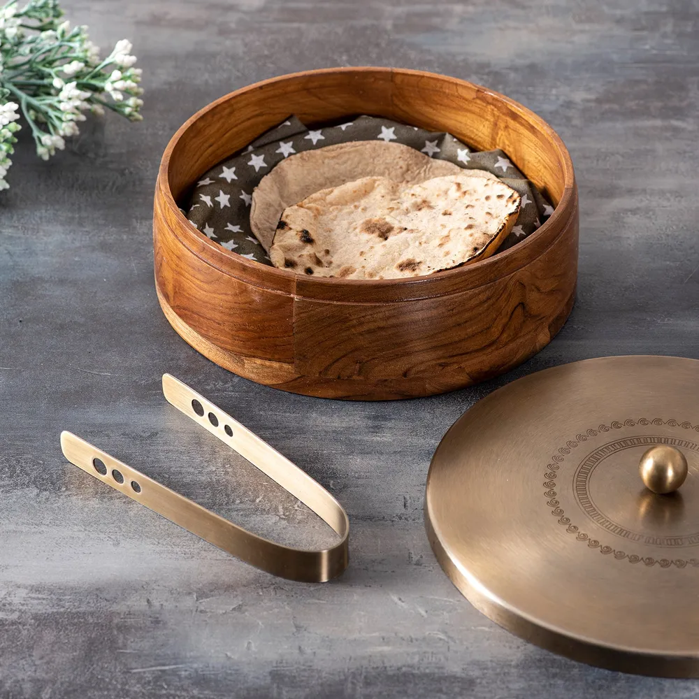 Silver Wooden Laser Etched Enamel Casserole/Chapatti Box With Tong