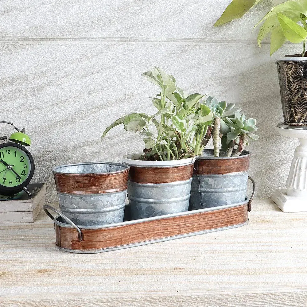 Simplistic Brown & Silver Metallic Table Planters with Tray (Set of 4)