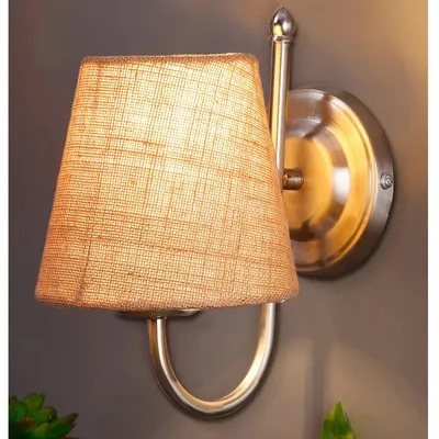 Single Beige Jute Conical Wall Mounted Lamp with Steel Base