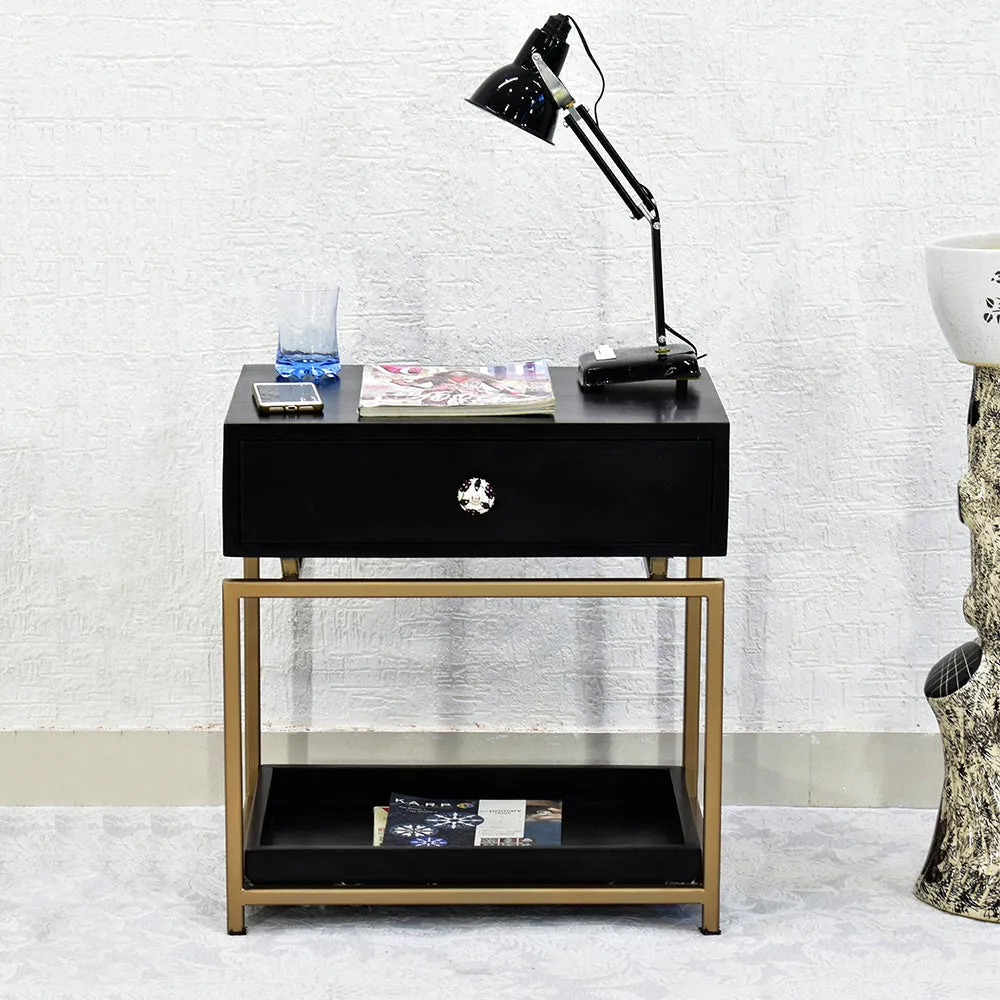 Single Broad Drawer With Tray Solid Wood Black Bedside Table With Golden Iron Frame
