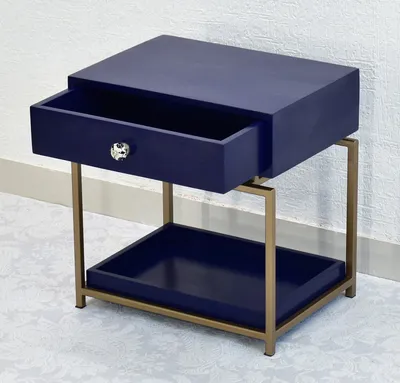 Single Broad Drawer With Tray Solid Wood Blue Bedside Table With Golden Iron Frame