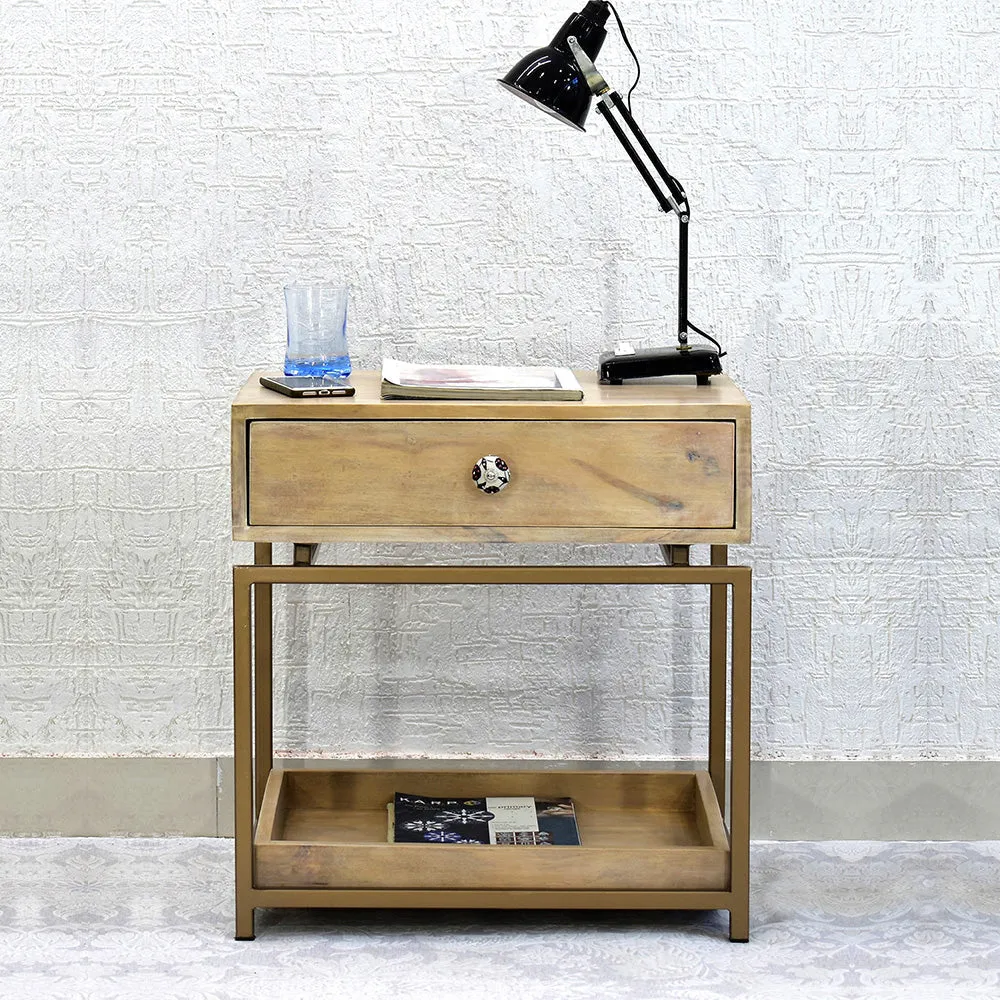 Single Broad Drawer With Tray Solid Wood White Bedside Table With Golden Iron Frame