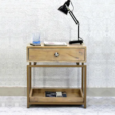 Single Broad Drawer With Tray Solid Wood White Bedside Table With Golden Iron Frame