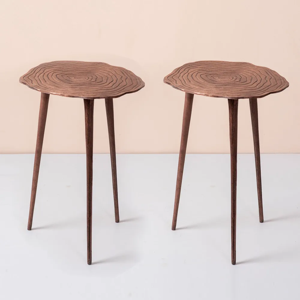 Sleek Floral Lustrous Copper Colored Aluminum Side Table