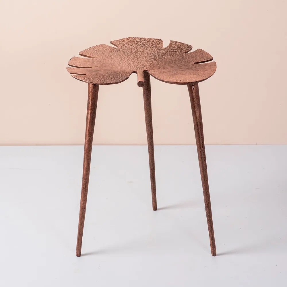 Sleek Leafy Lustrous Copper Colored Aluminum Side Table