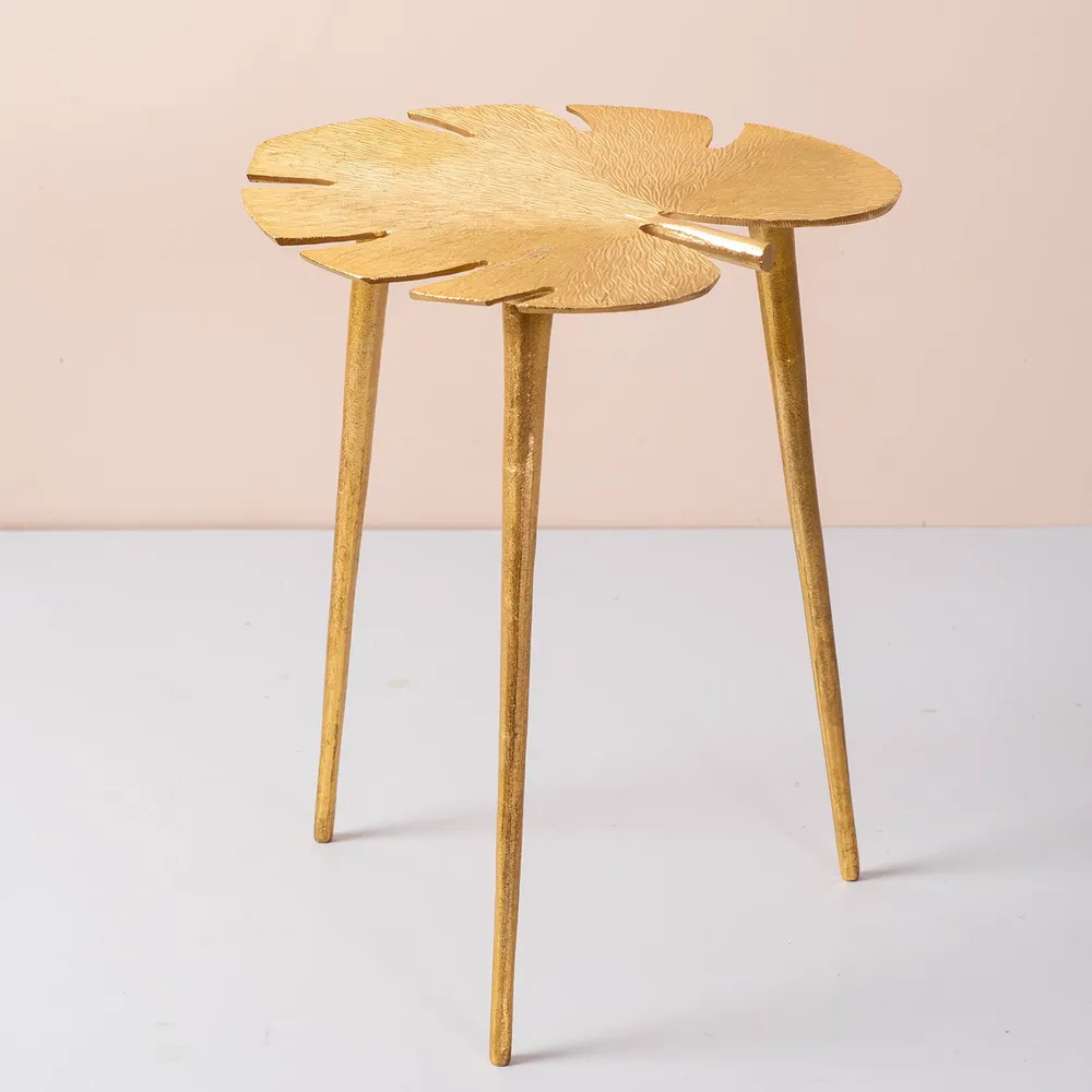 Sleek Leafy Lustrous Gold Colored Aluminum Side Table