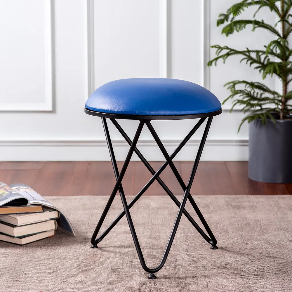 Solid Blue Premium Handmade Leatherette Metal Ottoman Stool