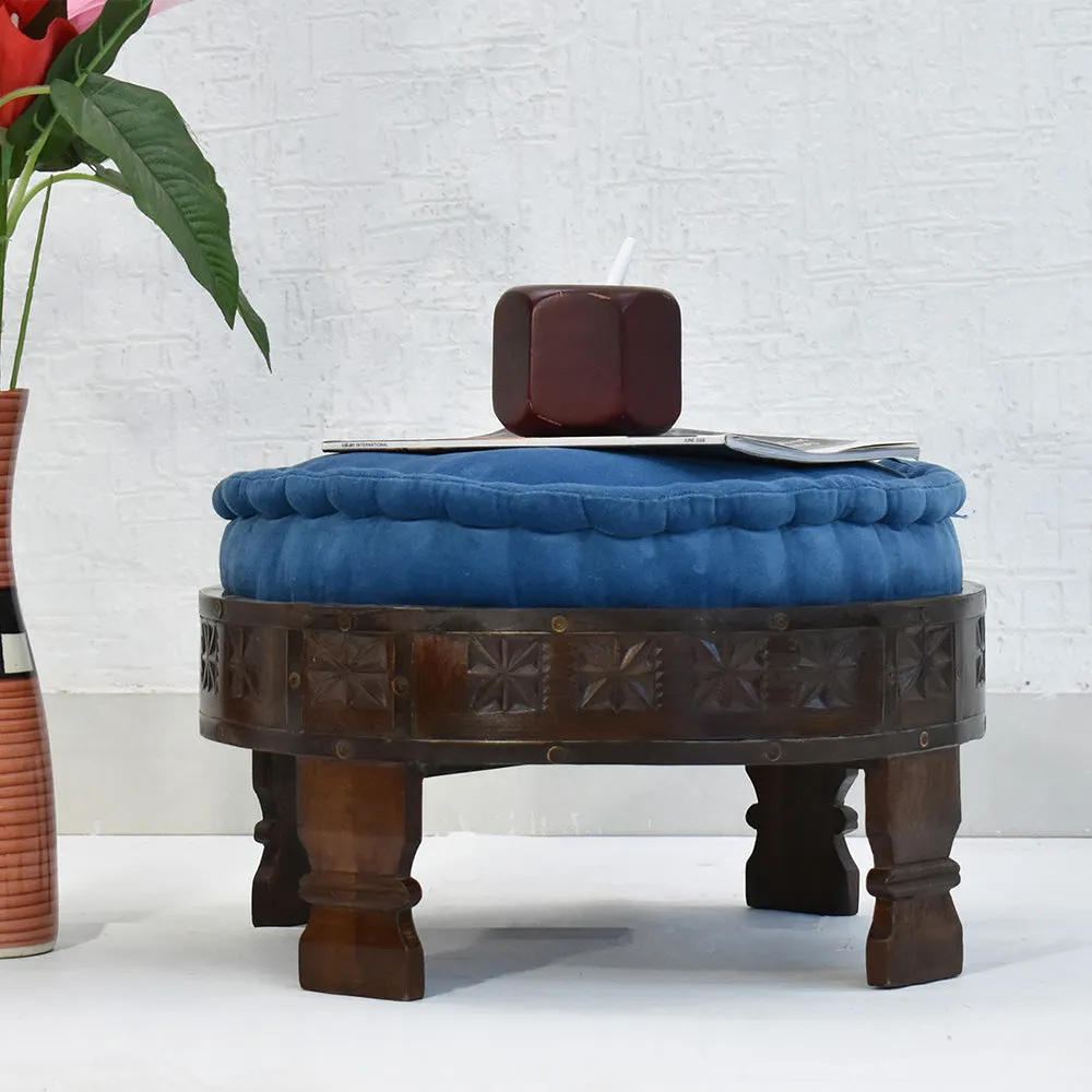 Solid Blue Upholstered Carved Wooden Ottoman