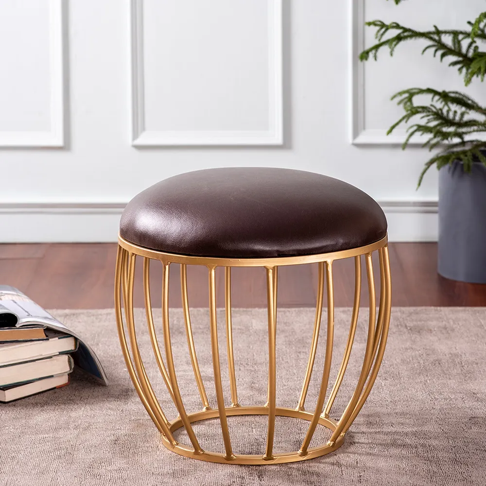 Solid Dark Brown Premium Handmade Leatherette Metal Ottoman Stool