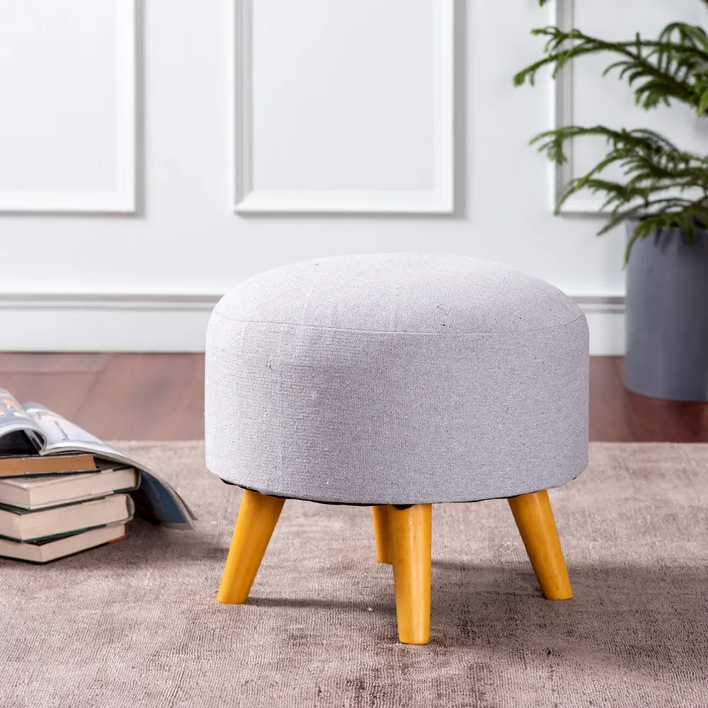 Solid Ice Blue Round Upholstered Wood Stool Set Of 2