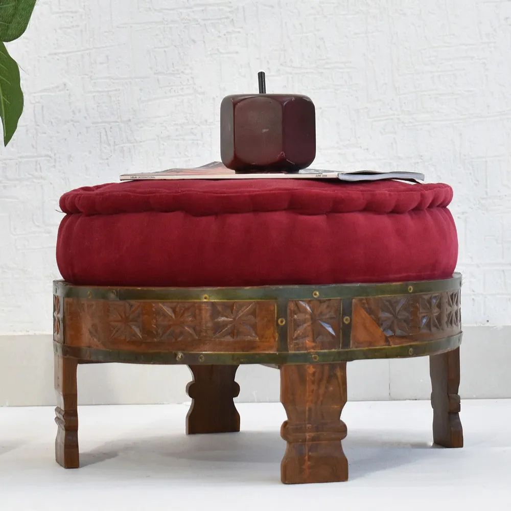 Solid Maroon Upholstered Carved Natural Brown Wooden Ottoman