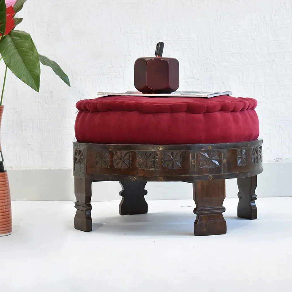 Solid Maroon Upholstered Carved Wooden Ottoman