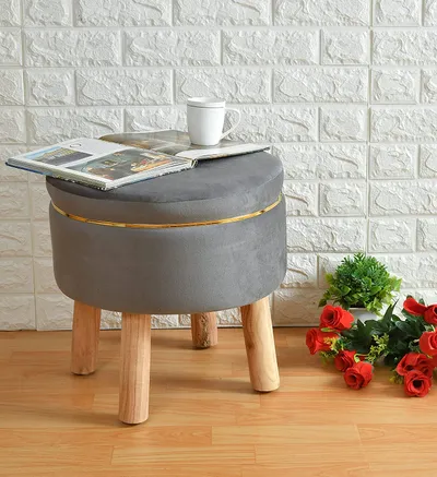 Solid Ring Embellished Velvet Pouffe