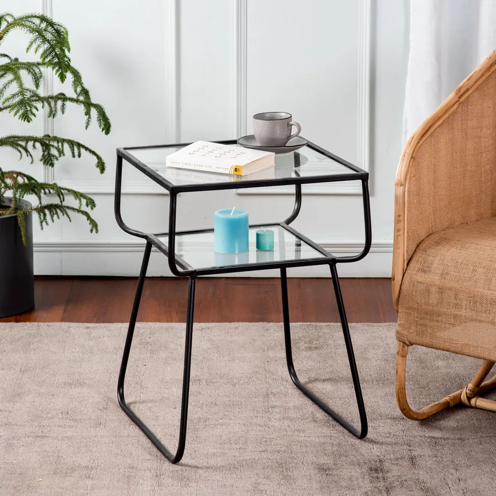 Solid Sheer Iron and Glass Lustrous Black Side Table Set Of 2