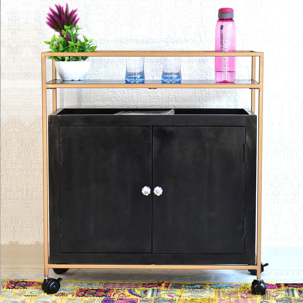 Solid Wood Black Bar Trolley With Wheels/ Multipurpose Cabinet With Golden Iron Frame