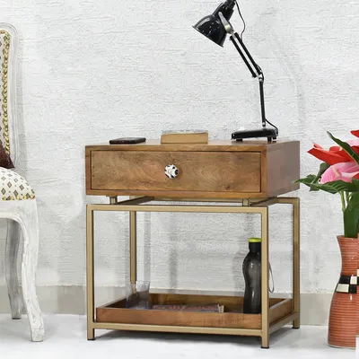 Solid Wood Single Drawer Yellow Brown Bedside Table With Golden Iron Frame