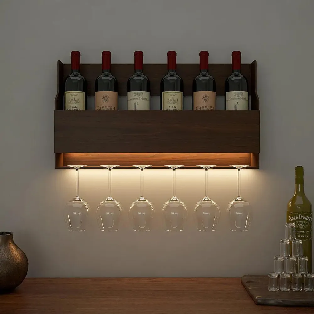 Spacious Backlit Wooden Bar Wall Shelf / Mini Bar Cabinet in Walnut Finish