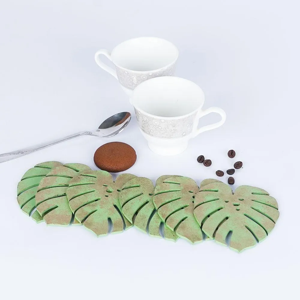 Sparkle Green Leaf Wooden Coasters Set Of 6