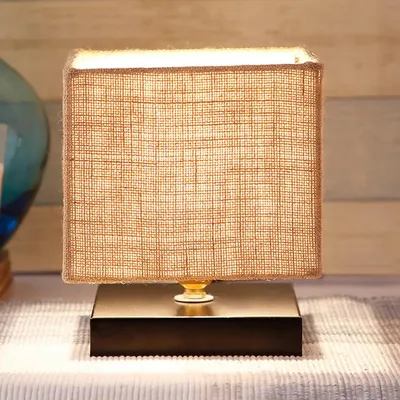 Square Beige Jute Shade Table Lamp with Iron Base