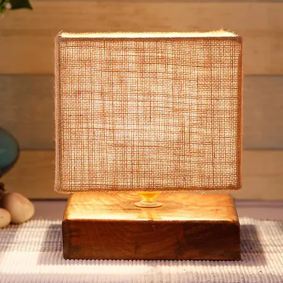 Square Beige Jute Shade Table Lamp with Wood Base