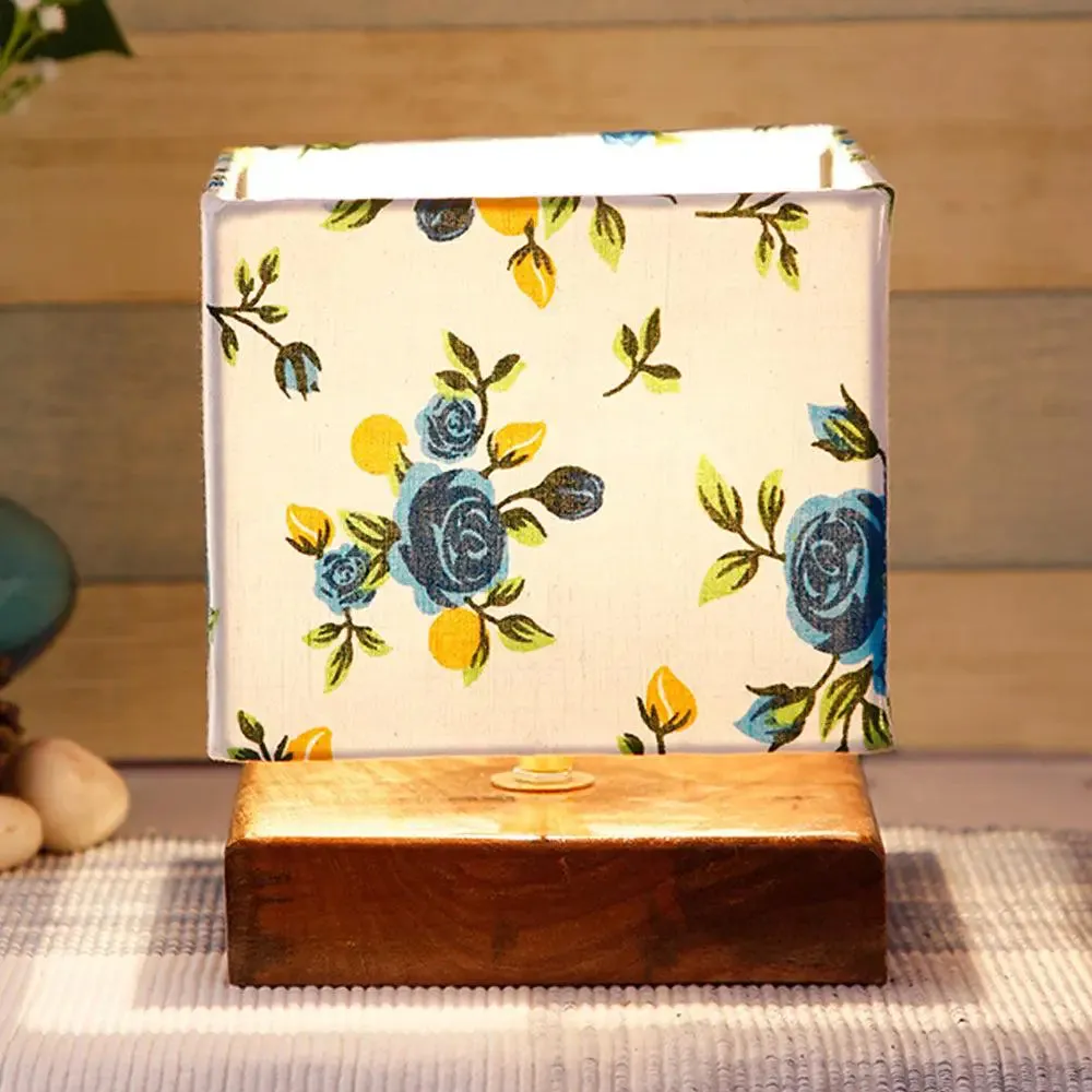 Square Blue Floral Cotton Shade Table Lamp with Wood Base