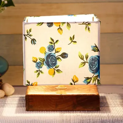 Square Blue Floral Cotton Shade Table Lamp with Wood Base