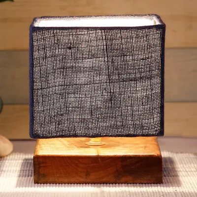 Square Blue Jute Shade Table Lamp with Wood Base